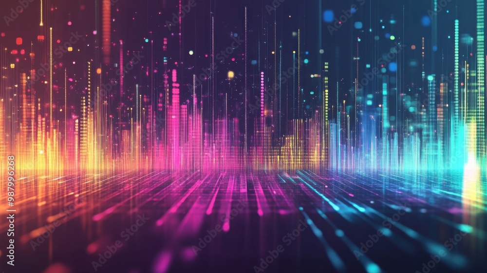 Poster an abstract digital equalizer graphic with layered sound waves in various colors, designed to visual