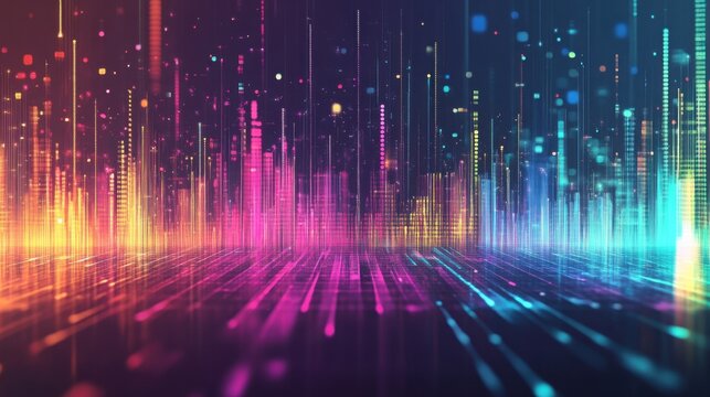 An abstract digital equalizer graphic with layered sound waves in various colors, designed to visually represent the complexity and beauty of audio technology - Powered by Adobe