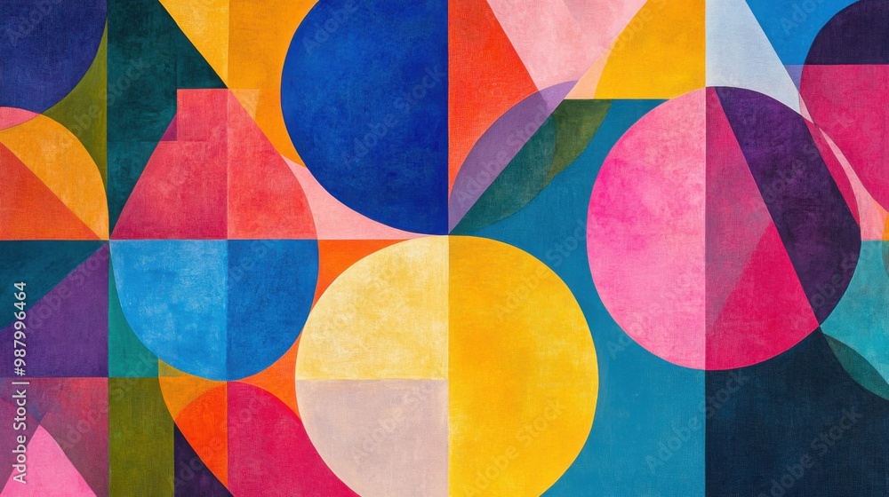 Poster a colorful abstract banner with geometric shapes in bold, contrasting colors, featuring overlapping 
