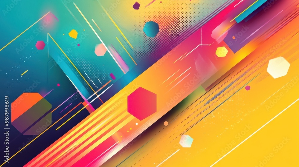 Poster a dynamic abstract banner with colorful hexagons and diagonal lines, blending with geometric shapes 