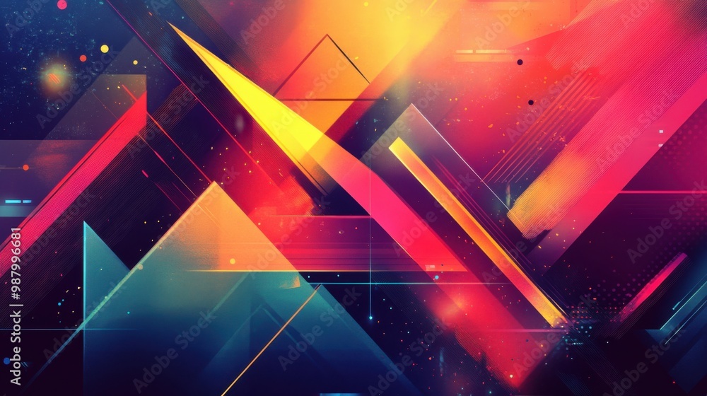 Poster a fluid, colorful abstract background with layered geometric shapes such as triangles and rectangles