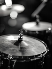Obraz premium Close-up of a drum set in black and white, highlighting cymbals and drum heads in soft lighting.