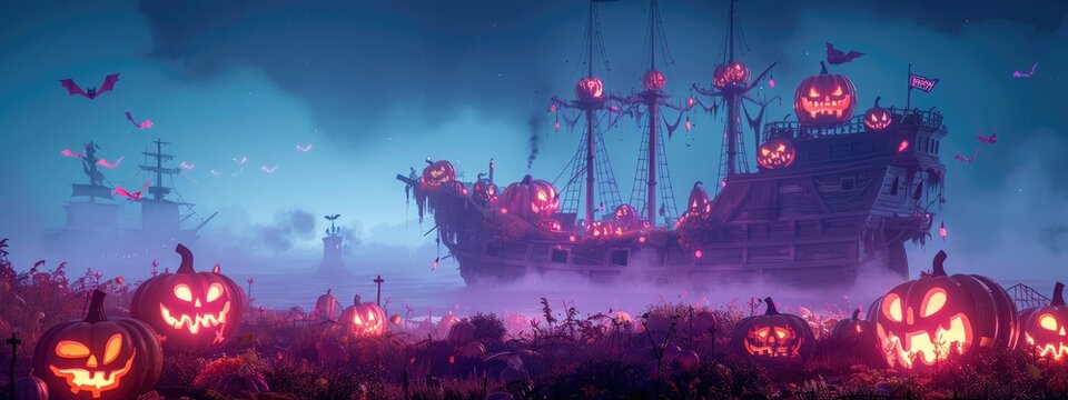 Spooky celebration: happy halloween text with blank banner area, ideal for adding personalized festive greetings, featuring haunting designs, eerie elements to enhance halloween spirit and fun