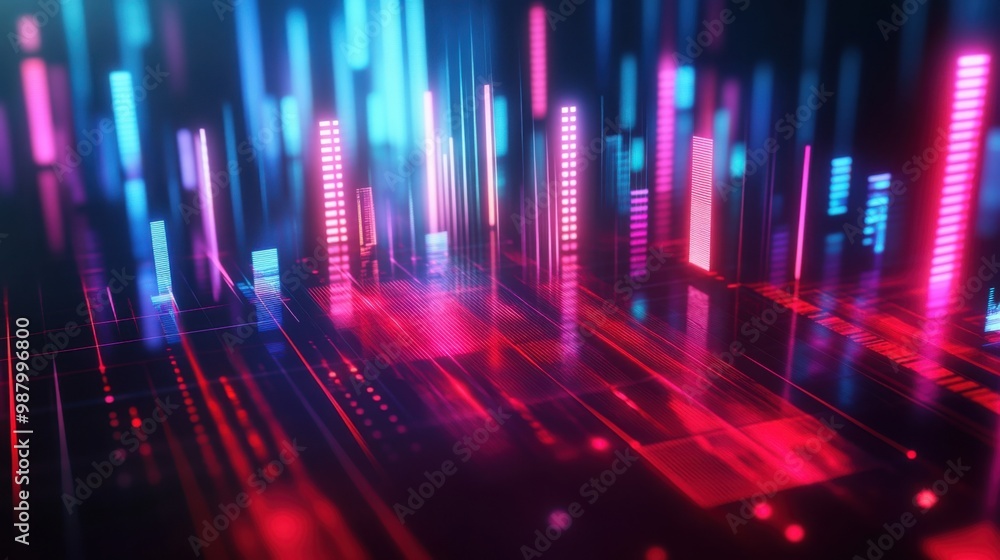 Aufkleber a futuristic background showcasing a digital sound wave equalizer with glowing bars, creating an imm