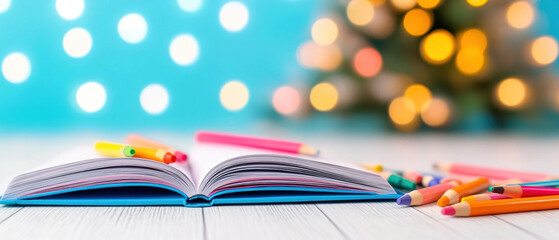 colorful coloring book lies open, surrounded by vibrant crayons, evoking creativity and joy.