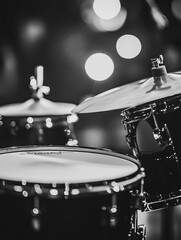Naklejka premium Black and white close-up of drum set with blurred bokeh lights in the background.