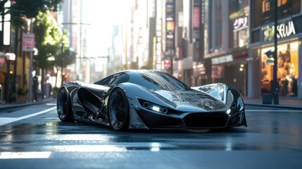 Fototapeta premium A hyperrealistic, 4K image of a sleek, futuristic sports car, parked on a modern city street, with sharp lines, aerodynamic curves, and gleaming metallic paint, conveying a sense of speed and power.