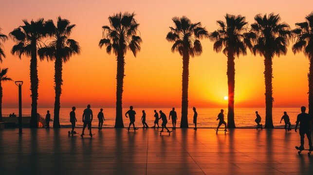 A group of friends skateboarding along a coastal boardwalk at sunset, with the orange sky reflecting on the ocean and palm trees swaying in the breeze - Powered by Adobe