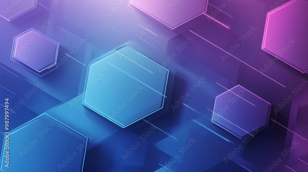 Poster a sleek, abstract vector pattern of 3 hexagons and line in gradient shades of blue and purple, creat
