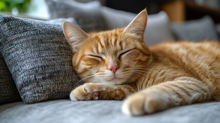 A sleeping orange cat resting on a couch with cozy pillows.