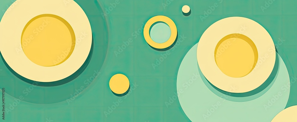 Poster abstract design featuring circles in varying sizes and colors on a teal background.