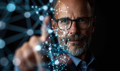 Corporate Executive with Holographic Global Data Flow Networks on a Sleek Black Background