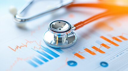 A stethoscope rests on financial report, symbolizing healthcare analysis.