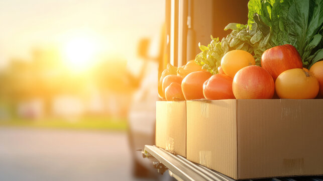 Fresh fruits and vegetables in boxes, ready for delivery at sunset.