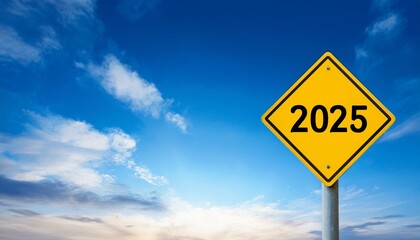 Text 2025 on yellow sign against blue sky
