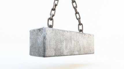 A suspended concrete block hanging from a chain against a white background.