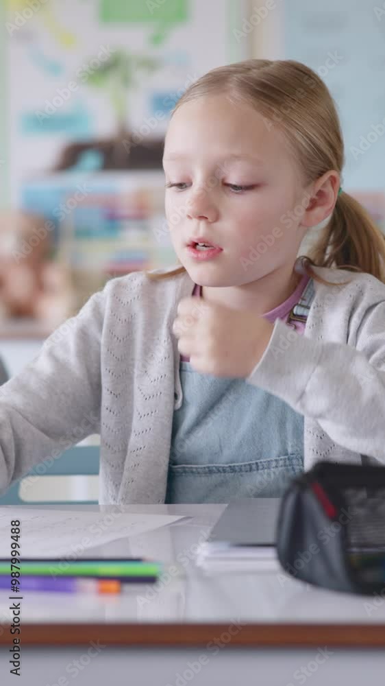 Poster Girl, writing and counting in classroom for education, thinking or problem solving for maths test at academy. Child, exam or assessment with solution, learning and development with progress at school