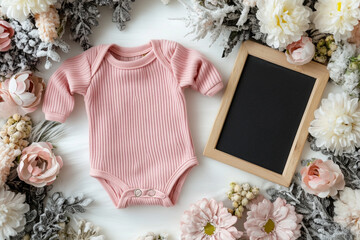 Flat lay of pink baby onesie surrounded by flowers and a blank chalkboard or letterboard, baby announcement concept