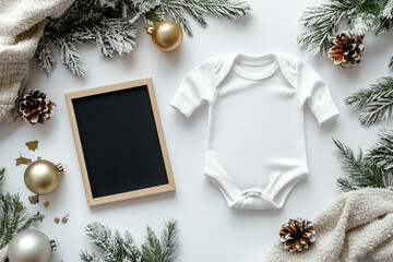 White baby onesie surrounded by winter decor, pinecones, and a chalkboard or black letter board