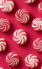 Red and white peppermint candies create a festive pattern on a vibrant pink background.