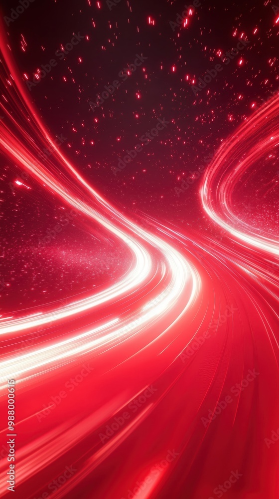 Aufkleber abstract light trails creating curved pathways against a starry backdrop in vibrant red tones.