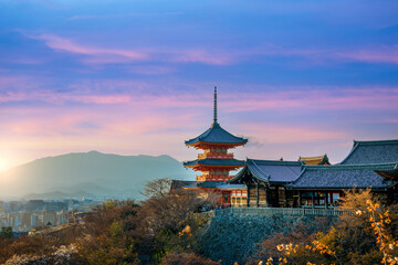 Kiyomizu-dera Temple Kyoto, Japan and sunset sky