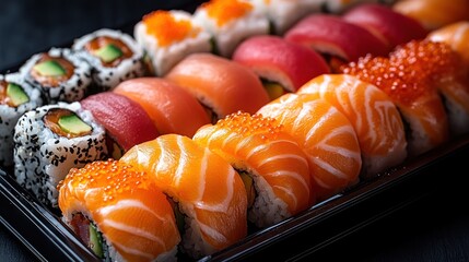 A vibrant assortment of sushi rolls arranged on a platter.