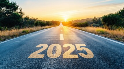 A long road with the number 2025 painted on it stretches into a vibrant sunrise, symbolizing a new beginning.