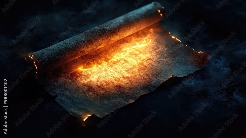 Poster a glowing scroll with fiery edges, suggesting ancient knowledge or magic.