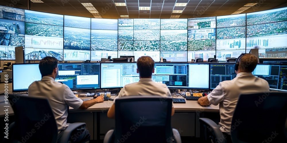 Canvas Prints Technicians in a network operations center monitor traffic troubleshoot issues and ensure network performance. Concept Network Operations Center, Traffic Monitoring, Issue Troubleshooting 