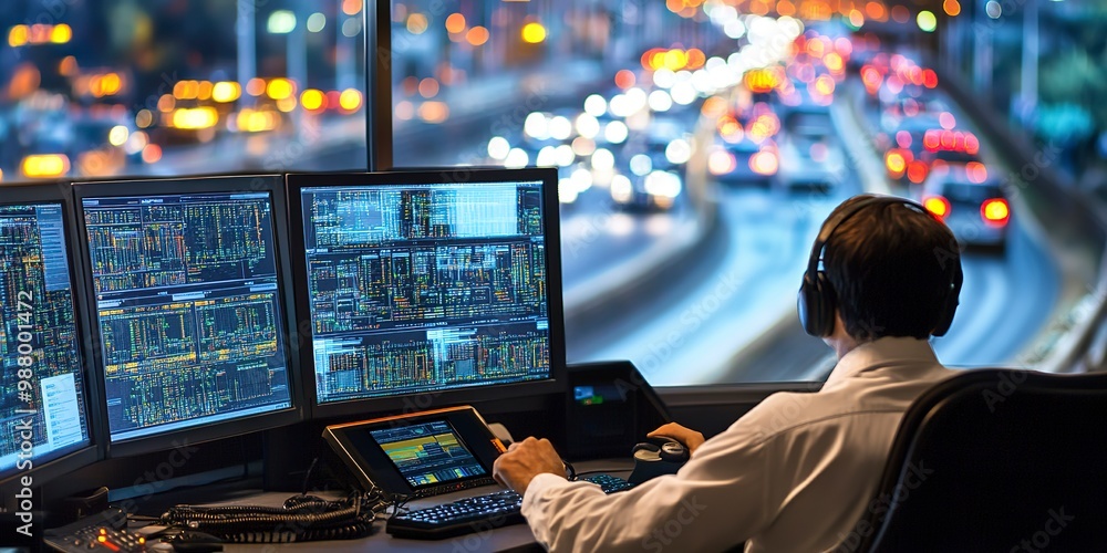 Poster technicians in a network operations center monitor traffic troubleshoot issues and ensure network pe