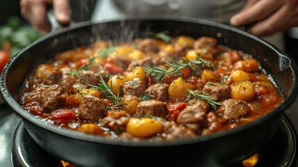 A savory dish simmering in a skillet, showcasing hearty ingredients.