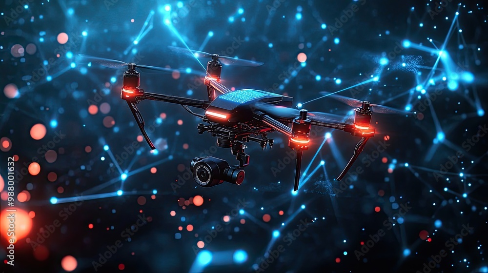 Poster a futuristic drone hovering in a digital network of lights and connections.
