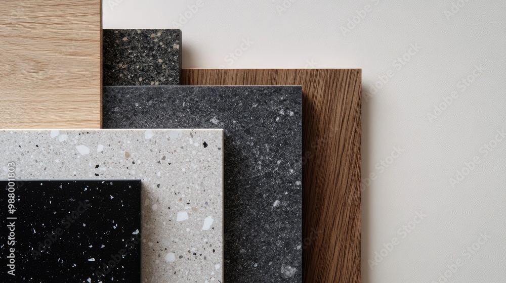 Poster a collection of various textured and colored surface materials arranged aesthetically.