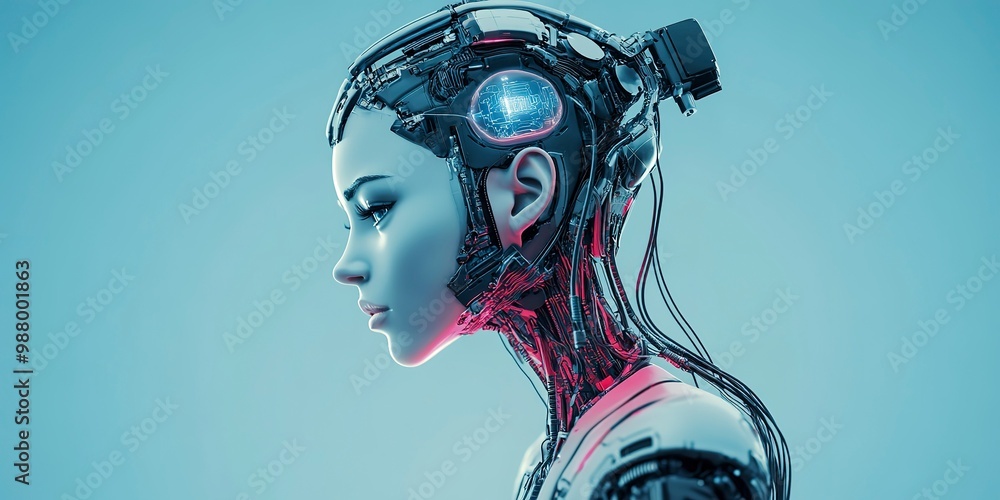 Poster side view of robot female on blue background while created with futuristic technology with wires con