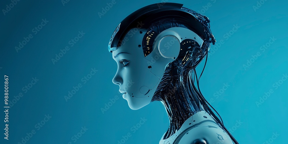 Poster side view of robot female on blue background while created with futuristic technology with wires con