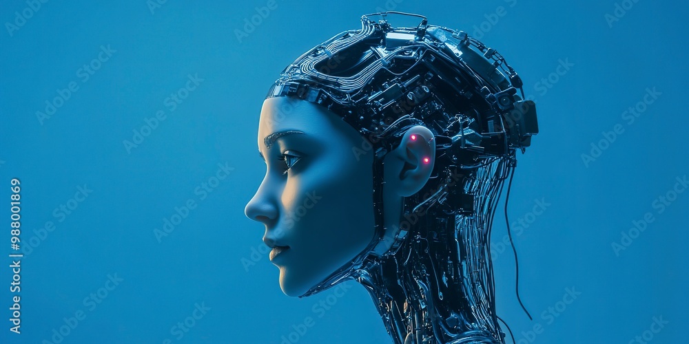 Poster side view of robot female on blue background while created with futuristic technology with wires con
