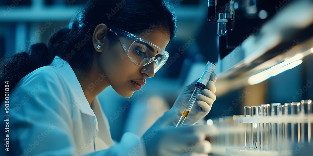 Poster side view of an indian female scientist using a micro pipette in a test tube for test analysis in a 