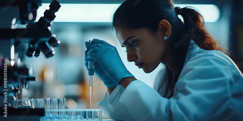Poster side view of an indian female scientist using a micro pipette in a test tube for test analysis in a 