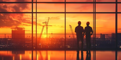 Silhouette of Engineer and worker on building site, construction site at sunset in evening time.