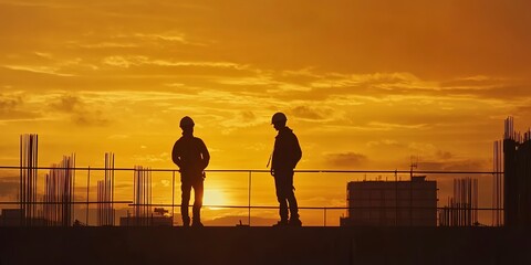Obraz premium Silhouette of Engineer and worker on building site, construction site at sunset in evening time. 