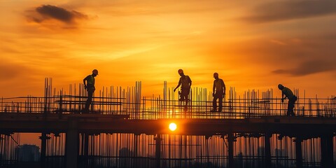 Silhouette of construction workers on the construction site at sunset. 