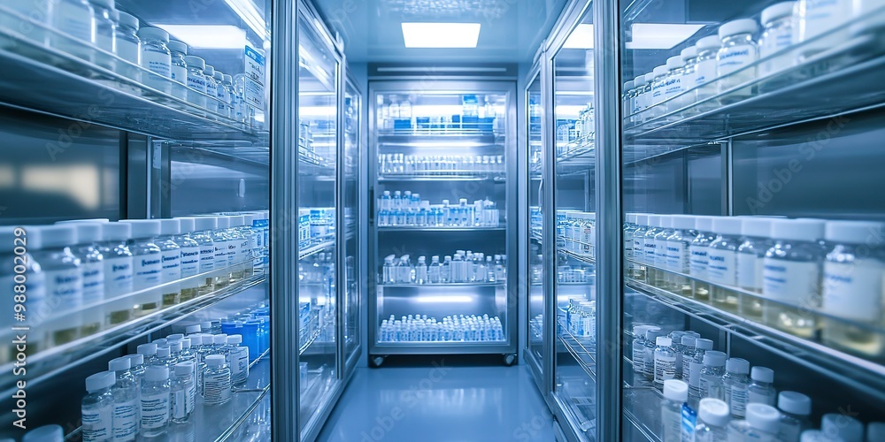 Aufkleber rows of vaccine vials neatly arranged in a high-tech refrigeration unit showcase the precision and v