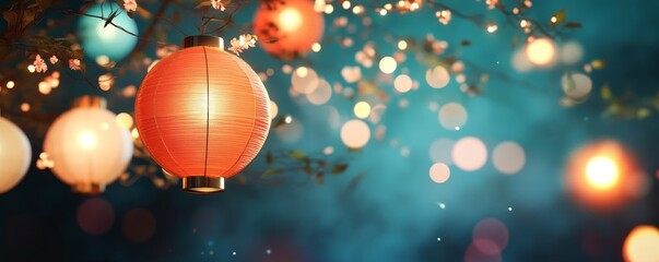 Festive Chinese Lanterns Hanging from Tree Branches with Bokeh Lights