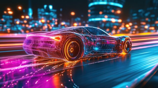 A futuristic car rendered in neon lights, speeding through a vibrant cityscape.