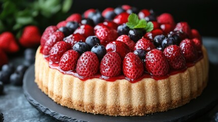 A delicious berry tart topped with strawberries and blueberries.