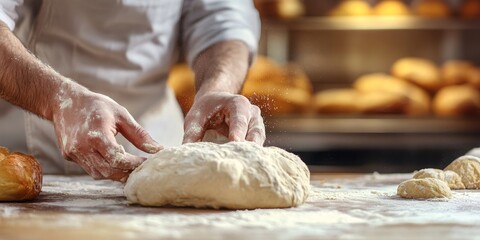 A professional baker's hands kneading fresh dough on a floured wooden surface, with golden loaves of bread baking in the background in a warm-lit bakery.