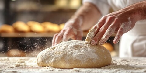 Fototapeta premium Baker Kneading Dough in a Blurred Bakery Setting | Artisan Bread Making, Fresh Baking, Craftsmanship | Culinary Tradition Concept