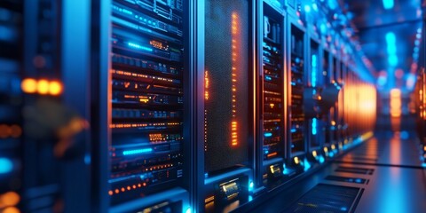 Naklejka premium Data Center Server Network with Limited Depth of Field – Modern Technology and Cloud Infrastructure Visual