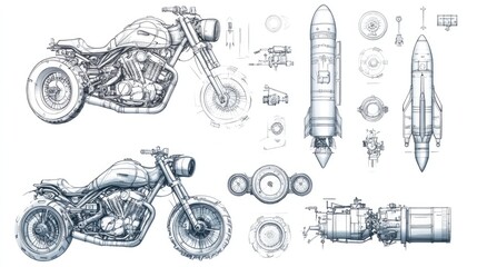 Technical illustrations of a motorcycle and rocket components.